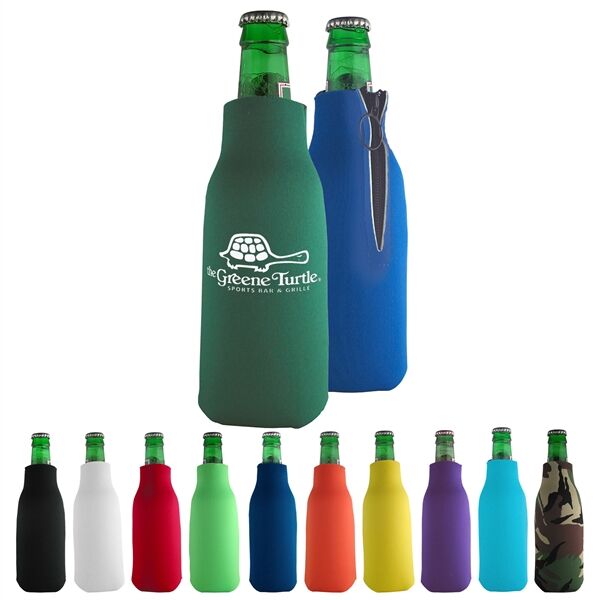 Main Product Image for Custom Printed Bottle Coolie with Zipper and 3 Sided Imprint.