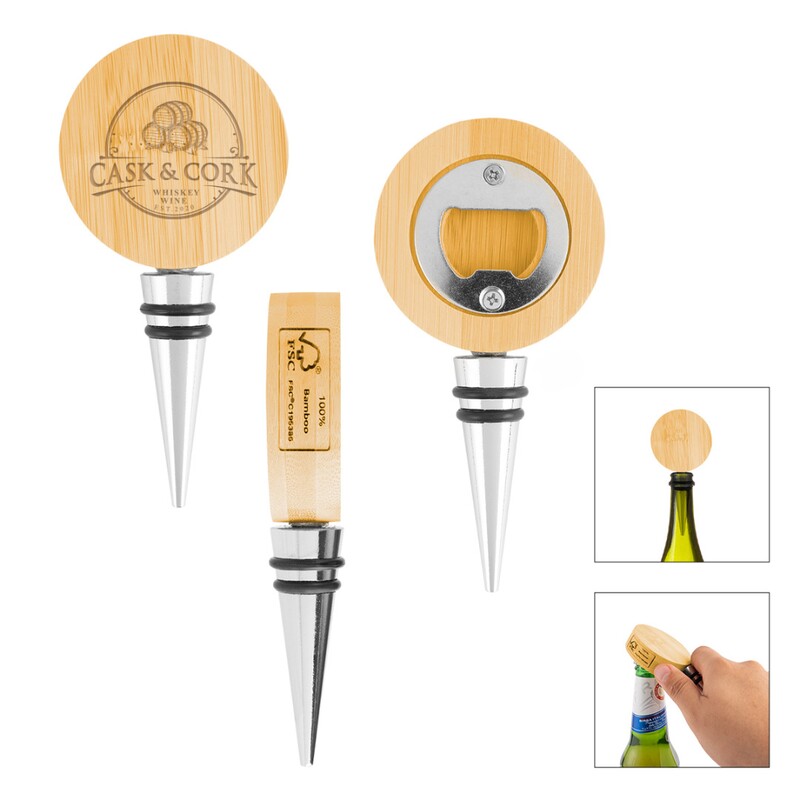 Main Product Image for Laser Engraved Bamboo Wine Stopper With Bottle Opener