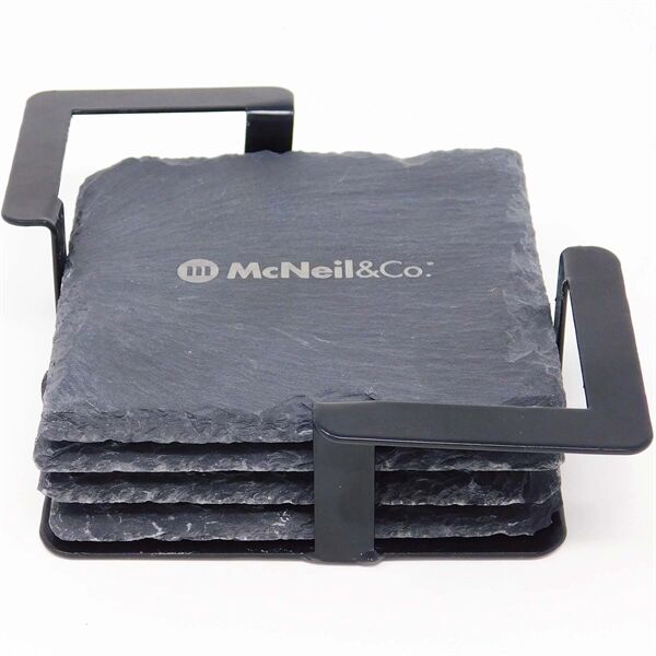 Main Product Image for Custom Printed 4pc. Square Slate Coaster Set  with Metal Stand