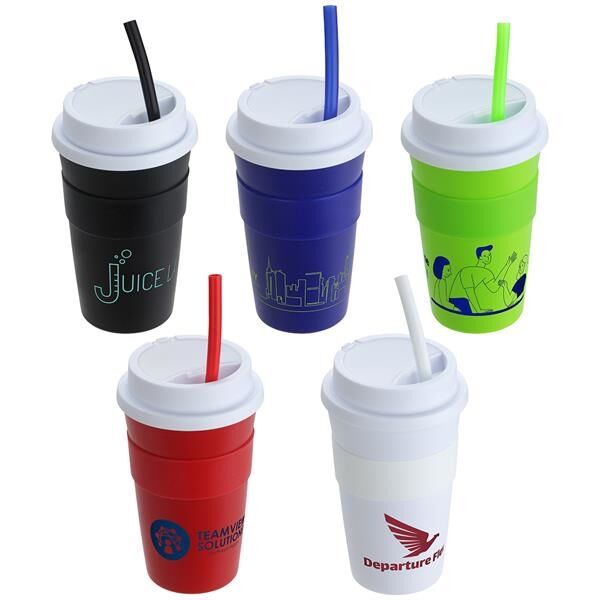 Main Product Image for Marketing Bistro 14 Oz Coffee Cup With Silicone Sleeve + Straw