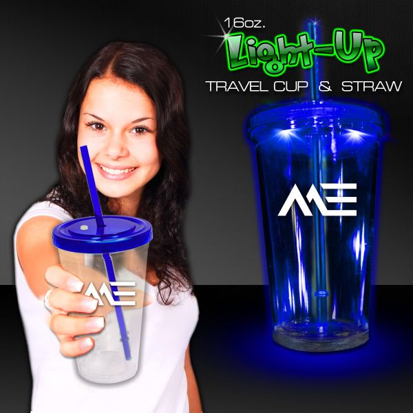 Main Product Image for Travel Cup Imprinted Light Up Blue With Lid And Straw