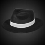 Custom Printed Black Velour Fedora Gangster Hat - White Band